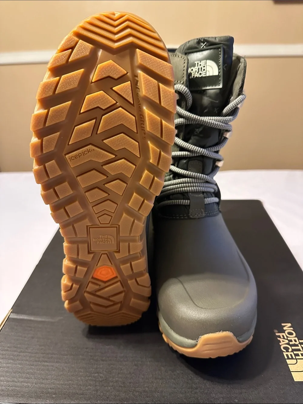 The North Face Women's Taupe/Green Insulated Winter Boots with Tan Outsoles .